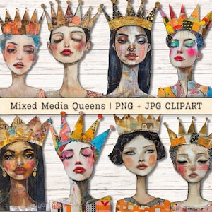 Könnte beinhalten: Acht digitale Illustrationen von Frauen, die Kronen aus Mixed-Media-Collage-Elementen tragen. Die Frauen haben unterschiedliche Frisuren, Hauttöne und Gesichtsausdrücke. Der Hintergrund ist ein weißes Holzmaserungsmuster. Der Text "Mixed Media Queens | PNG + JPG CLIPART" befindet sich am unteren Rand des Bildes.