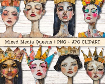 Mixed Media Queens Clipart, schrullig Mädchen, Grunge Texture Distressed PNG + JPG Instant Downloads, Collage Stil Junk Journal Digitales Zubehör