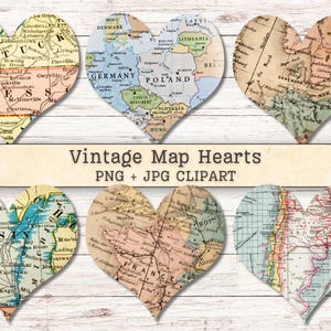 May include: A collection of six heart-shaped cutouts featuring various vintage map designs, including regions like Kentucky, Central Europe, Scandinavia, Michigan, France, and Argentina, with the text Vintage Map Hearts PNG + JPG CLIPART.