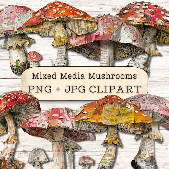 Mixed Media Mushrooms Clipart, Grunge Text Distressed PNG + JPG Instant Downloads, Hand Drawn Illustrations Junk Journal Digital Supplies