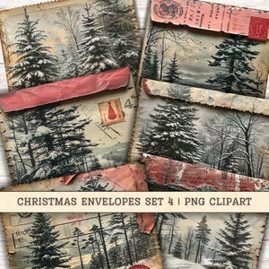 Ensemble de 4 cliparts d'enveloppes de Noël vintage, téléchargement numérique éphémères, fournitures pour courrier indésirable, fond de collage, album de vacances patiné