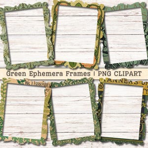 Clipart de cadres éphémères verts, téléchargement immédiat d'image numérique PNG, texte vintage antique, collage shabby chic, scrapbooking, journalisation indésirable