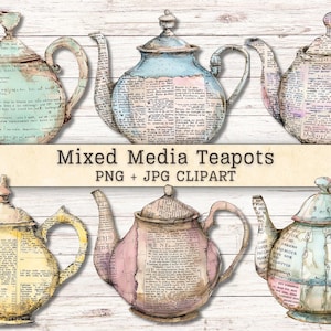Blandade tekniker Tekannor Clipart, Grunge Text Te Quirky PNG JPG Direktnedladdningar, Skriv Ut Vintage Illustrationer Junk Journal Digitala Material