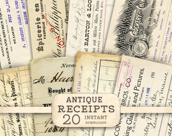 May include: A collection of 20 antique receipts, each with unique handwritten text and faded ink. The receipts are printed on various types of paper, including lined paper, ledger paper, and parchment. The receipts feature a variety of businesses, including a grocery store, a hardware store, and a dry goods store. The receipts are a great way to add a vintage touch to your crafts, scrapbooking, and other projects.