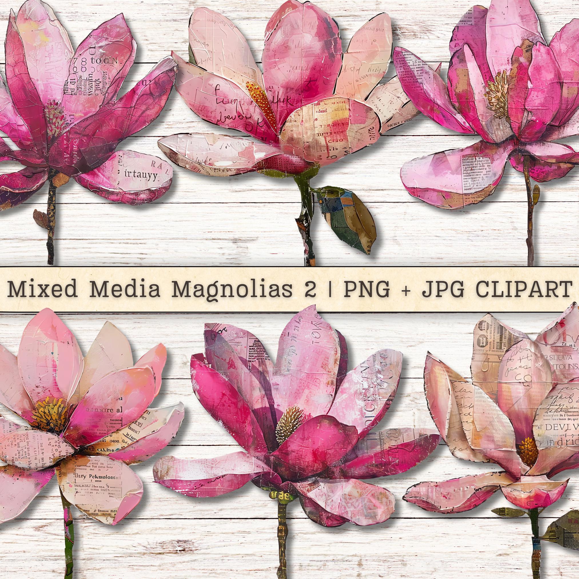 Mixed Media Magnolias 2 Flowers Clipart, Grunge Texture Distressed PNG JPG Instant Download, Painterly Collage Junk Journal Digital Supply