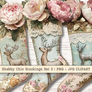 May include: Set of three Christmas stockings with a shabby chic design. Each stocking features a light blue background with a floral pattern, a white lace trim, and a deer with silver glitter accents. The stockings are decorated with pink peonies and greenery.