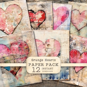 Carta digitale con cuori grunge, download digitali in formato PNG, collage vintage shabby chic, scrapbooking, diario di scarto, pacchetto per San Valentino, texture