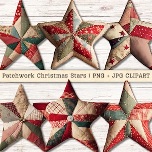 Puede incluir: Seis estrellas de Navidad de patchwork en telas rojas, verdes y blancas. Las estrellas están hechas de diferentes patrones y tienen un aspecto rústico y vintage.  Patchwork Christmas Stars | PNG + JPG CLIPART