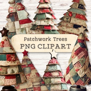 Clipart de Natal, Árvores de Patchwork, Downloads Digitais em PNG, Colagem Shabby Chic, Scrapbooking, Diário de Junk, Árvore Vintage Antiga Costurada à Mão