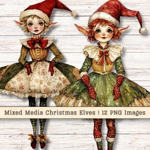 Kerstelfen clipart, mixed media grillige instant downloads PNG, schattige Victoriaanse barok magische collage ongewenste dagboek digitale benodigdheden