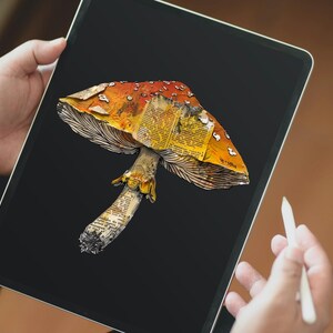 May include: A digital illustration of a mushroom made from old book pages. The mushroom is yellow, orange, and brown with white spots. The background is black.