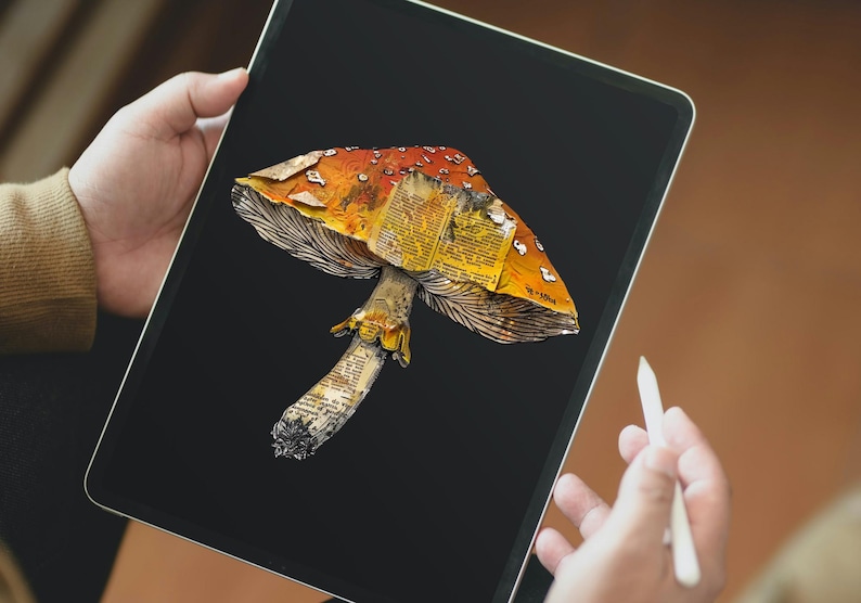 May include: A digital illustration of a mushroom made from old book pages. The mushroom is yellow, orange, and brown with white spots. The background is black.