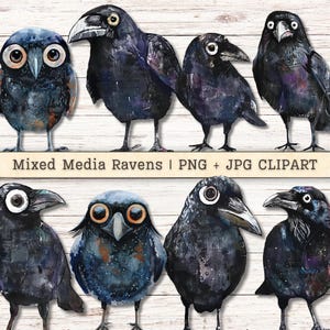 Mixed media Ravens Clipart, grillige PNG + JPG Instant Downloads, Crows Big Eyes magische collage Halloween ongewenste dagboek digitale benodigdheden