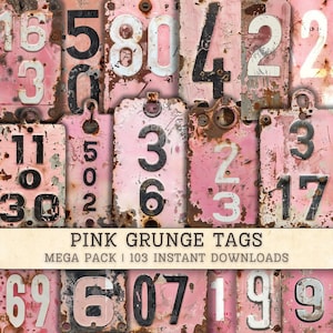 Grunge Industrial Numbers Tags, Pink Rust Printable Labels, Vintage Steampunk Texture Collage Sheets, Mixed Media Art, Junk Journal Images