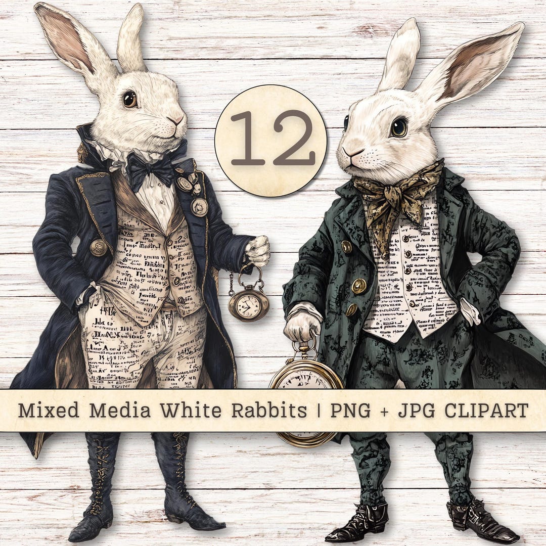Mixed Media White Rabbits Clipart, Vintage Text Males Suits PNG + JPG ...