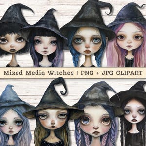 Halloween heksen clipart, mixed media grillige PNG + JPG instant downloads, Big Eyes magische collage ongewenste dagboek digitale benodigdheden