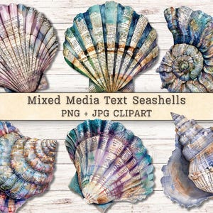 May include: A collection of six mixed media seashells featuring printed book page text and watercolor textures in shades of blue, purple, and brown. The image includes the text Mixed Media Text Seashells PNG + JPG CLIPART.