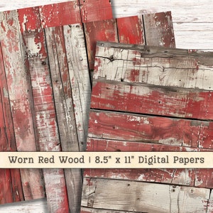 Papel digital de madera roja desgastada, descargas imprimibles desgastadas, textura de collage para álbum de recortes, fondo de pintura grunge descascarillada, diario basura