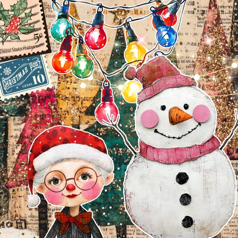 Christmas Collection Clipart, Mixed Media Santa Snowman Collage ...