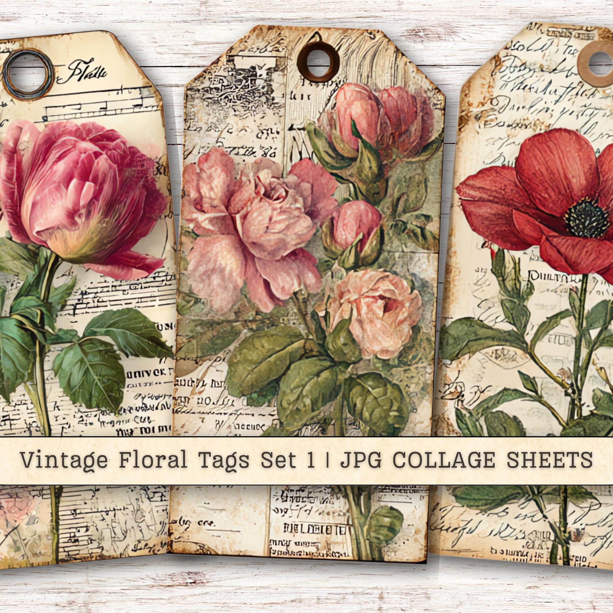 Vintage Floral Tags Clipart Set 1, Ephemera Fussy Cuts JPG Instant ...