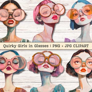 Op de afbeelding: Digitale illustratie van zes vrouwen met grote, ronde brillen en verschillende haarkleuren. De vrouwen hebben gesloten ogen en rode lippenstift. De tekst "Quirky Girls in Glasses | PNG + JPG CLIPART" is inbegrepen.