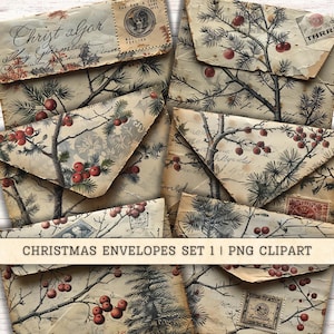 Vintage Weihnachten Umschläge Clipart, Set 1 Ephemera Digitaler sofortiger Download, Junk-Journal Versorgung Collage Hintergründe, Scrapbook, Grunge PNG