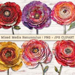 ミックスメディアのラナンキュラスの花のクリップアート、グランジテクスチャのディストレストPNG + JPGの即時ダウンロード、コラージュスタイルのジャンクジャーナルデジタルサプライ