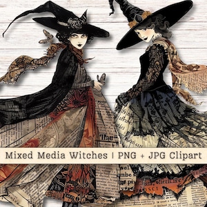 Clipart de sorcières d'Halloween, technique mixte lunatique PNG JPG téléchargements immédiats, fournitures numériques de journal indésirable de collage magique baroque victorien
