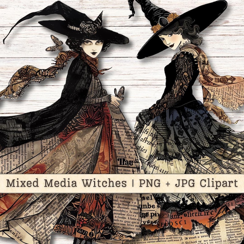 Halloween Witches Clipart, Mixed Media Whimsical PNG JPG Instant ...