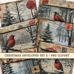 Vintage Noël enveloppes Clipart, lot de 2 éphémères téléchargement numérique instantané, fournitures de courrier indésirable, arrière-plans de collage, Scrapbook Grunge PNG