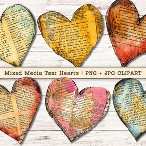Mixed Media Hearts Clipart Text Watercolor Grunge Distressed PNG + JPG Instant Download, Ink Collage Style Junk Journal Heart Digital Supply
