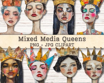 May include: Mixed media artwork featuring seven stylized portraits of women wearing ornate crowns. The artwork has a watercolor effect with a variety of colors and textures. The text "Mixed Media Queens PNG + JPG Clipart" is displayed.