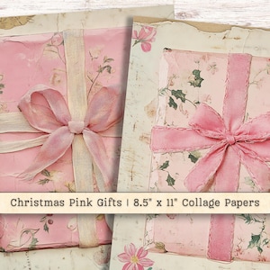 Boże Narodzenie Różowe Prezenty Clipart Cyfrowy Papier, Mieszane Media Shabby Chic Natychmiastowe Pobieranie, Wstążki JPG PNG Tło Kolaż Junk Journal Supply