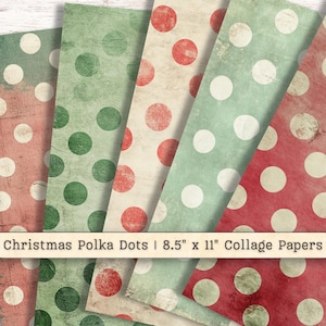 May include: Four digital paper sheets with polka dot patterns in red, green, and white on a cream background. The papers are 8.5 inches by 11 inches. Christmas Polka Dots | 8.5" x 11" Collage Papers