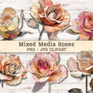Könnte beinhalten: Eine Sammlung von Rosen in Mischtechnik in verschiedenen Rosa-, Pfirsich- und Gelbtönen. Die Rosen haben einen Aquarelleffekt mit sichtbaren Pinselstrichen und Texturen. Der Text "Mixed Media Roses PNG + JPG Clipart" ist enthalten.