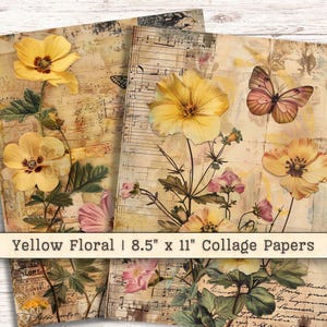 Papier collage floral jaune, Clipart vintage antique, téléchargements numériques éphémères du journal indésirable, feuille de scrapbooking Shabby Chic imprimable JPG