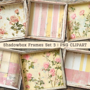 Conjunto de 3 imágenes prediseñadas de marcos de caja de sombras, descarga digital, rosas de madera vintage antiguas y desportilladas, collage shabby chic, fondo de álbum de recortes para diario basura