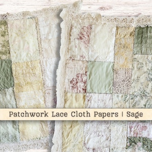 Papel digital de tela de encaje patchwork, hilo de seda cosido, técnica mixta, verde, imprimible, fondo vintage para diario, descarga instantánea de álbum de recortes