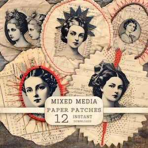 Clipart de remendos de papel vintage, itens efêmeros femininos vitorianos, suprimentos para colagem de texturas para impressão, fundo de scrapbook de diário de sucata, presente de artesanato