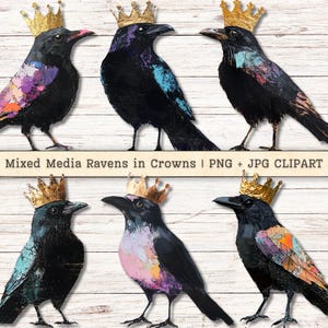 Clipart de corvos com técnicas mistas, textura grunge de coroa de corvo desgastada PNG JPG para download instantâneo, suprimentos digitais de colagem pictórica