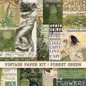Kit papier vintage vert forêt en téléchargement numérique, feuilles de collage imprimables, paquet de papiers éphémères anciens, journal de scrapbooking indésirable