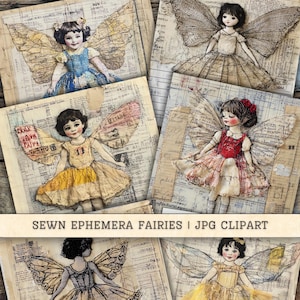 May include: Five digital images of fairies with wings made of fabric and paper. The fairies are wearing dresses and have different colored hair and eyes. The images are set against a background of old newspaper and ledger pages.