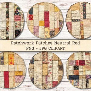Patchwork Patches Clipart, Folk Art Neutral Red Sewn PNG Digital Downloads, Threads Vintage Collage, Scrapbooking, Junk Journal, Printable