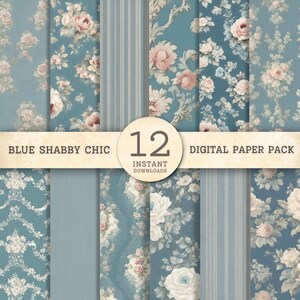 Carta digitale vintage, confezione di carta shabby chic, foglio collage per scrapbooking con rose blu, download istantaneo, kit per il diario spazzatura, floreale, anticato