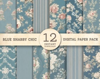 May include: A digital paper pack featuring 12 blue and white floral patterns. The patterns include roses, leaves, and swirls. The pack is called "Blue Shabby Chic" and includes 12 instant downloads.