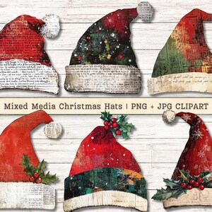 Clipart de chapeaux de Noël techniques mixtes, collage de texte Grunge vintage, scrapbooking, journal indésirable, travaux manuels en papier, fabrication de cartes de vacances téléchargement PNG