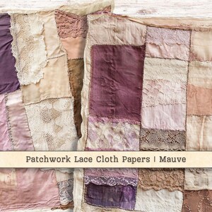Patchwork Lace Cloth Digital Paper, Sewn Silk Thread Mixed Media Mauve Printable Vintage Junk Journal Background, Scrapbook Instant Download