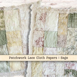 Patchwork Lace Cloth Digital Paper, Sewn Silk Thread Mixed Media Green Printable Vintage Junk Journal Background, Scrapbook Instant Download