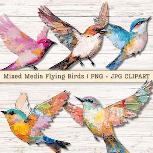 Mixed Media Flying Birds Clipart Grunge Texture Distressed PNG + JPG Instant Download Art Painterly Collage Junk Journal Digital Supply