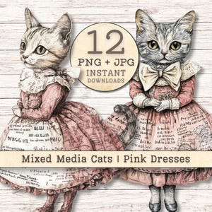 Mixed Media Baroque Cats Clipart, Grunge Texture Distressed PNG + JPG Instant Downloads, Pink & White Collage Junk Journal Digital Supplies